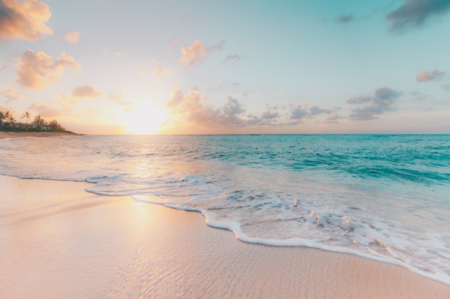 Bright beach boardwalk over turquoise water