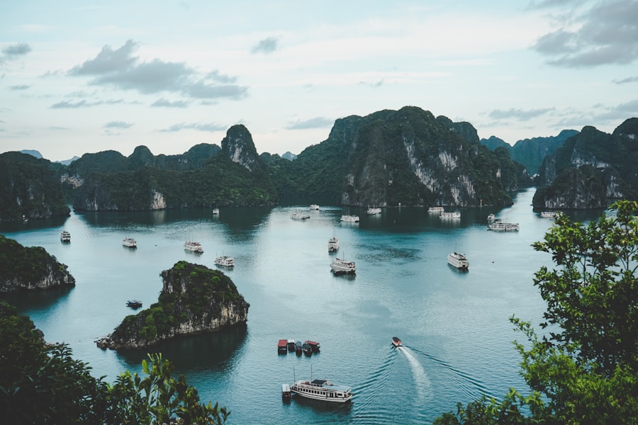 Boats on blue water in Vietnam